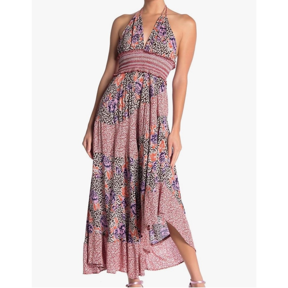 Free People Gabriela Floral Patchwork Halter Maxi Dress Smocked Waist XS